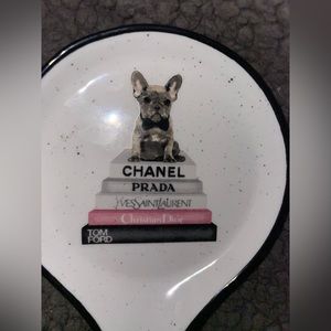 Fashion designer Spoon Rest by Fig & Fern, Frenchie bulldog atop designer books